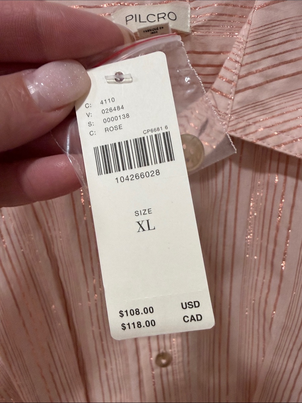 NWT Pilcro Metallic Stripe Blush Pink Button-Front Short Sleeve Blouse Sz XL - Picture 6 of 8